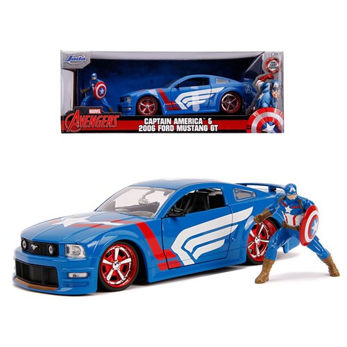 Jada Toys, Inc - 1:24 Scale Diecast - Hollywood Rides - Marvel - 2006 Ford Mustang GT w/ Captain America Figure - 4 Pack