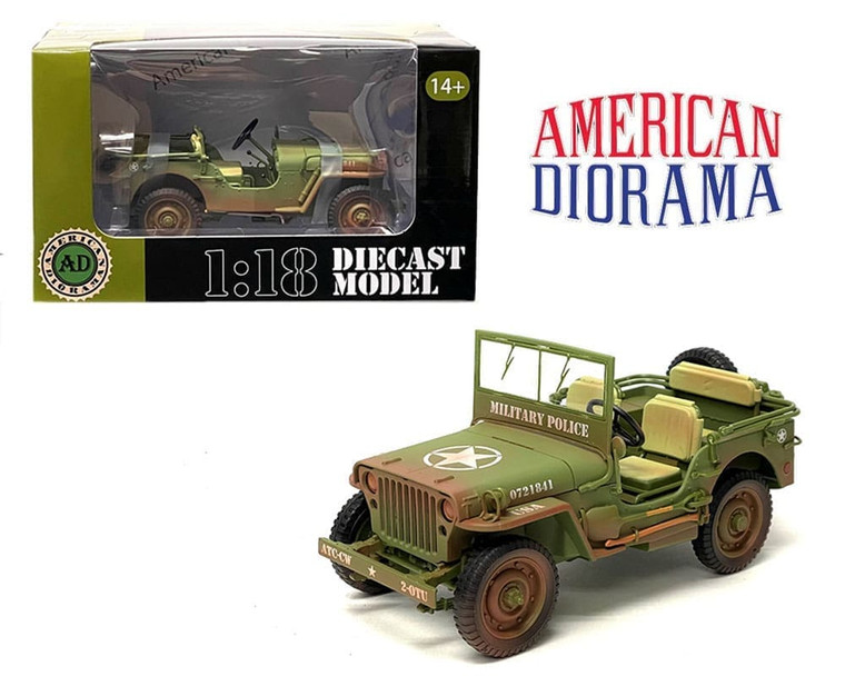 American Diorama 1:18 1/4 Ton Military Police Jeep Green Weathered- Diecast