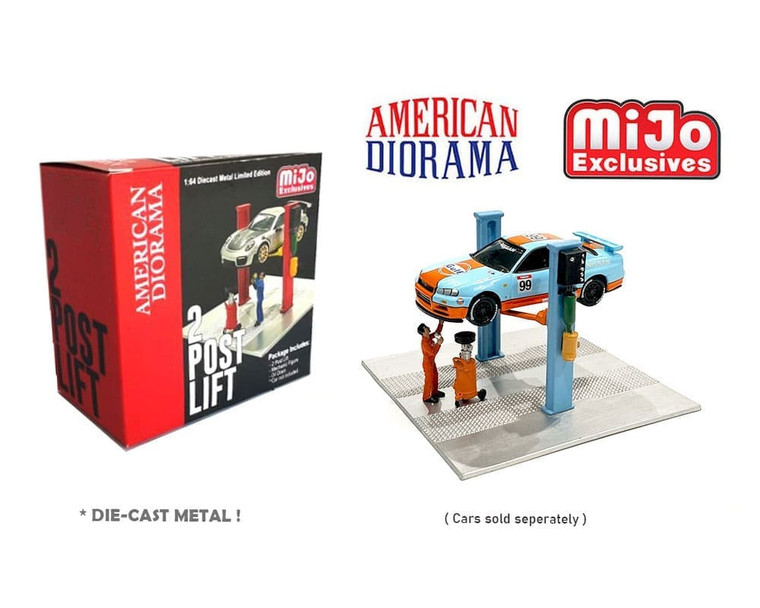 American Diorama 1:64 Mechanic Figure With 2 Post Lift With Oil Drain Mijo Exclusives- Diecast