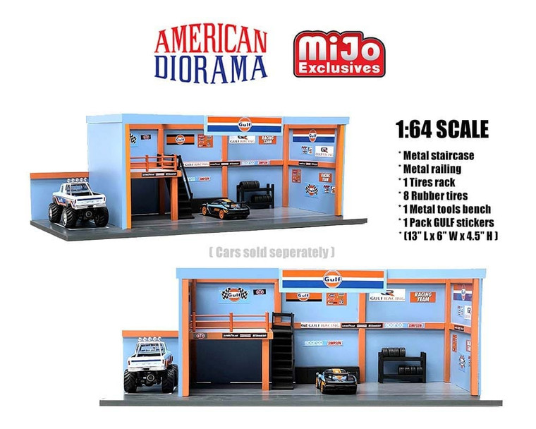 American Diorama 1:64 Mijo Exclusive Garage Diorama With Auto World Gulf Stickers Included Limited 2,400- Diecast American Diorama 1:64 Mijo Exclusive Garage Diorama With Auto World Gulf Stickers Included Limited 2,400- Diecast