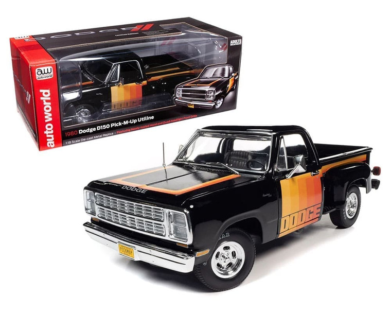 Auto World 1:18 1980 Dodge D150 Pick-m-up Utiline Black With Gradated Stripes- Diecast