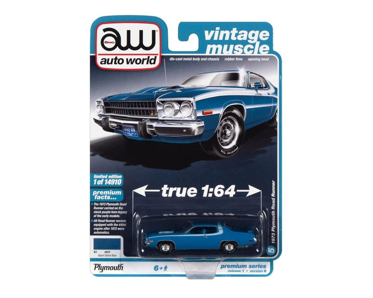 Auto World 1:64 1973 Plymouth Road Runner (basin Street Blue With White Side And Roof Stripes) Premium 2022 Release 1 Version B Vintage Muscle Solid Pack- Diecast