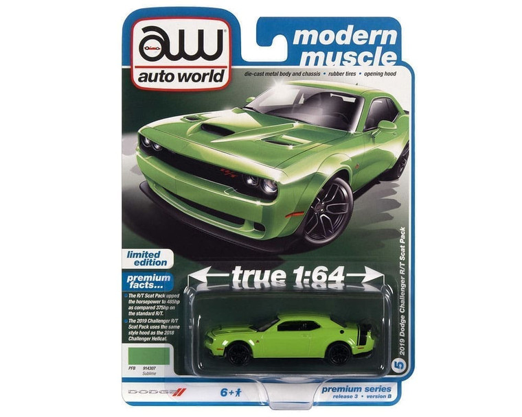 Auto World 1:64 Premium 2022 Release 3b 2019 Dodge Challenger R/t Scat Pack Sublime- Diecast