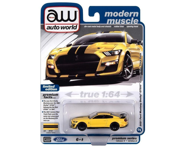 Auto World 1:64 2021 Ford Mustang Shelby Gt500 Carbon Fiber Track Pack Yellow Premium 2023 Release 3 Version A- Diecast