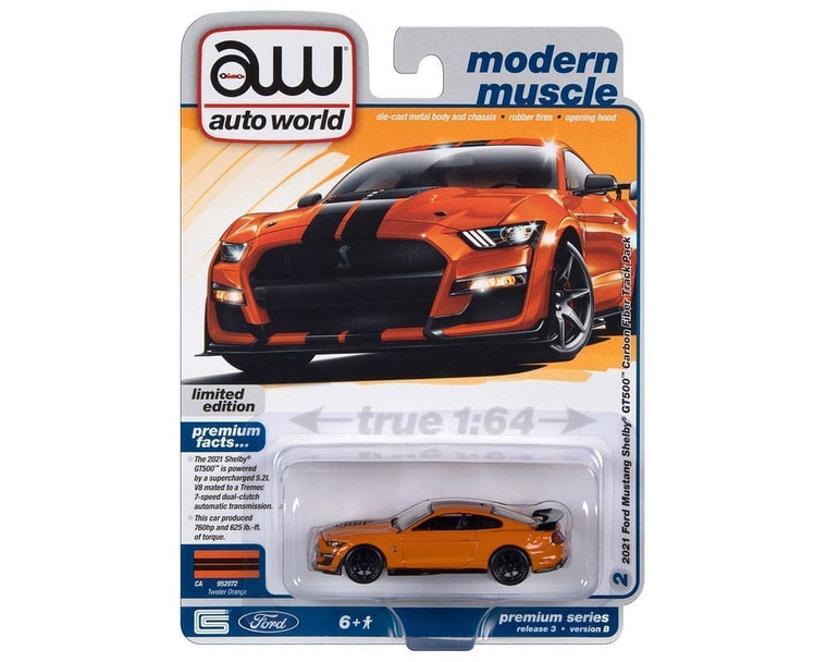 Auto World 1:64 2021 Ford Mustang Shelby Gt500 Carbon Fiber Track Pack Orange Premium 2023 Release 3 Version B- Diecast