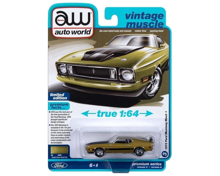 Auto World 1:64 1973 Ford Mustang Mach 1 Bright Green Gold Poly Premium 2023 Release 4 Version A Limited Edition- Diecast
