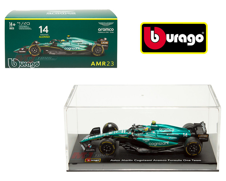 Bburago 1:43 Aston Martin Cognizant Aramco Formula One Team Amr23 2023 #14 Fernando Alonso Acrylic Case With Driver In Car Formula Racing- Diecast