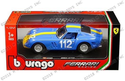 Bburago 1:24 W/b Ferrari Racing Ferrari 250 Gto #112 (blue With Yellow Stripe)- Diecast