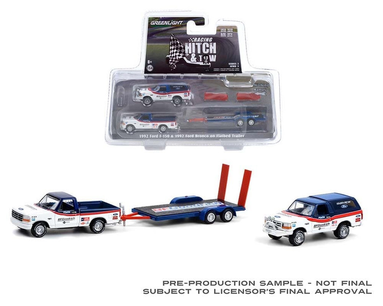 Greenlight 1:64 Racing Hitch & Tow Series 3 1992 Ford F-150 And 1992 Ford Bronco Bfgoodrich Rough Riders On Flatbed Trailer- Diecast