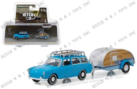 Greenlight 1:64 Hitch & Tow Series 14 Volkswagen Type 3 Squareback With Tear Drop Trailer (blue)- Diecast