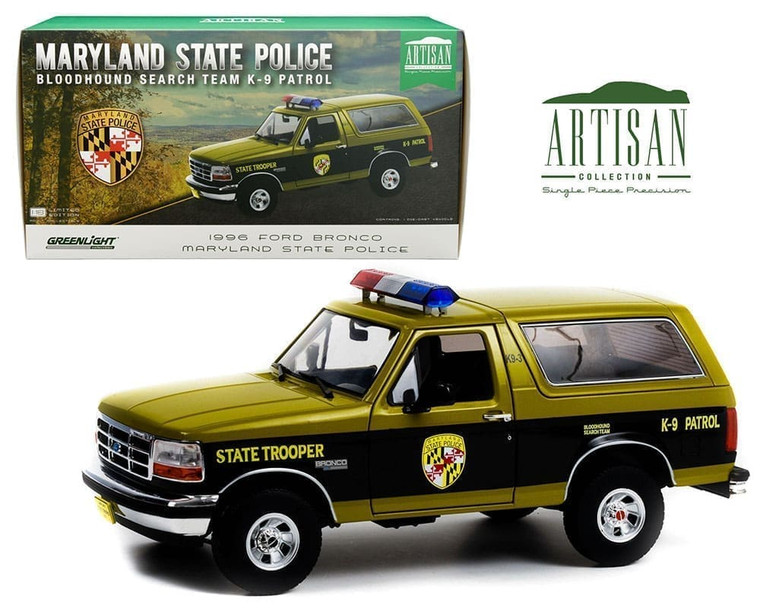 Greenlight 1:18 1996 Ford Bronco Maryland State Police State Trooper Bloodhound Search Team K9 Patrol Artisan Collection- Diecast Greenlight 1:18 1996 Ford Bronco Maryland State Police State Trooper Bloodhound Search Team K9 Patrol Artisan Collection- Diecast