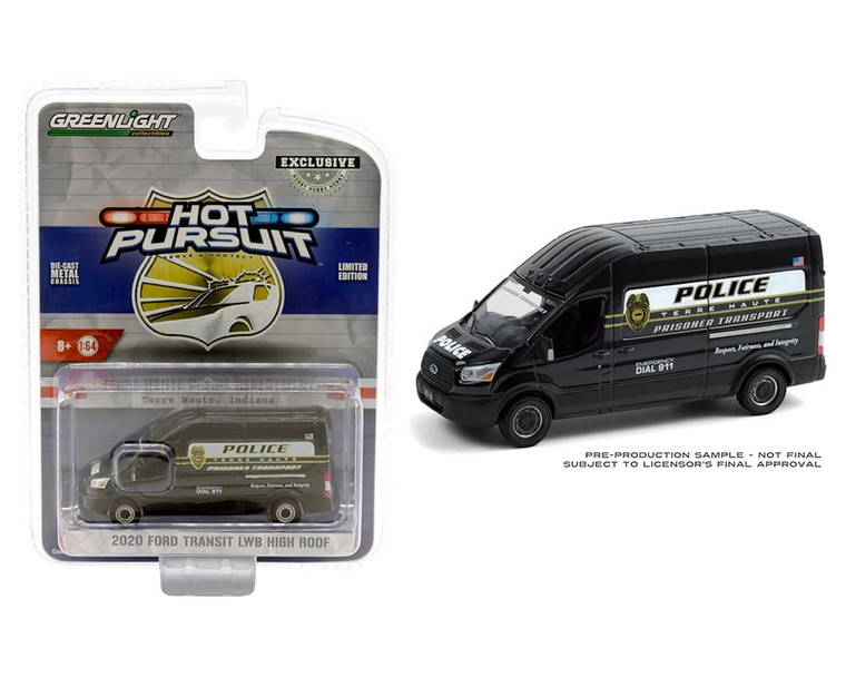 Greenlight 1:64 Hobby Exclusive Hot Pursuit 2020 Ford Transit Lwb High Roof Terre Haute Police Department Black- Diecast