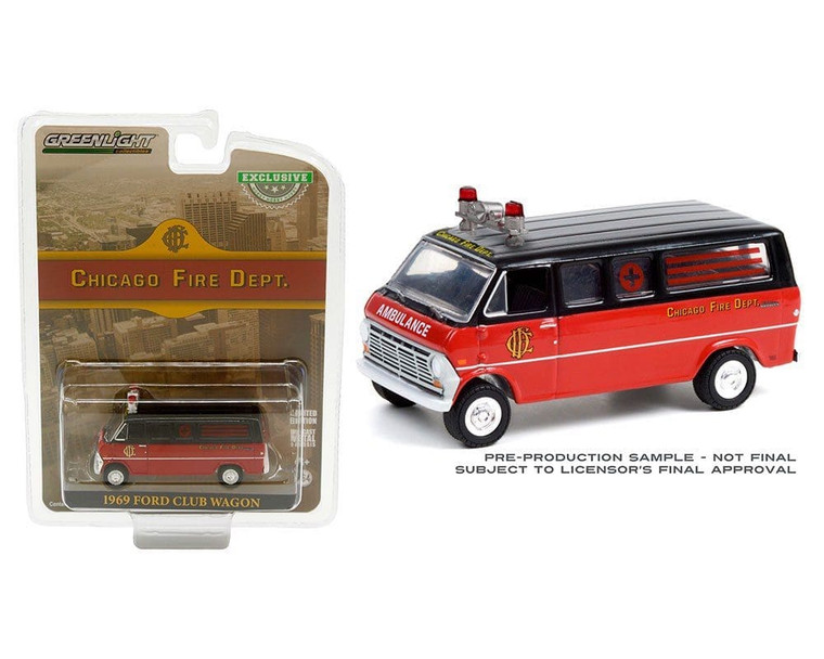 Greenlight 1:64 Hobby Exclusive 1969 Ford Club Wagon Ambulance Red/black Chicago Fire Department- Diecast