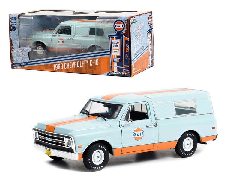 Greenlight 1:24 1968 Chevrolet C-10 With Camper Shell (light Blue With Orange Stripe) Gulf Oil Running On Empty Series 5- Diecast