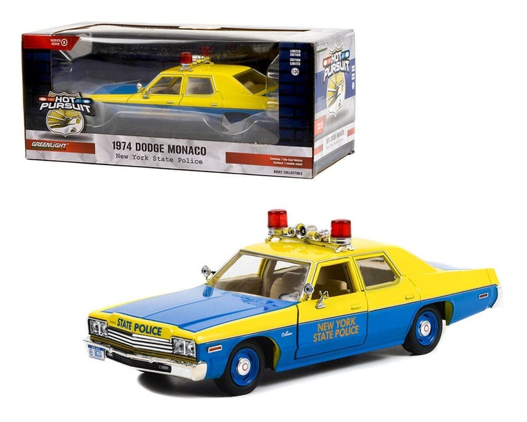 Greenlight 1:24 1974 Dodge Monaco (blue And Yellow) New York State Police Hot Pursuit Series 5- Diecast Greenlight 1:24 1974 Dodge Monaco (blue And Yellow) New York State Police Hot Pursuit Series 5- Diecast