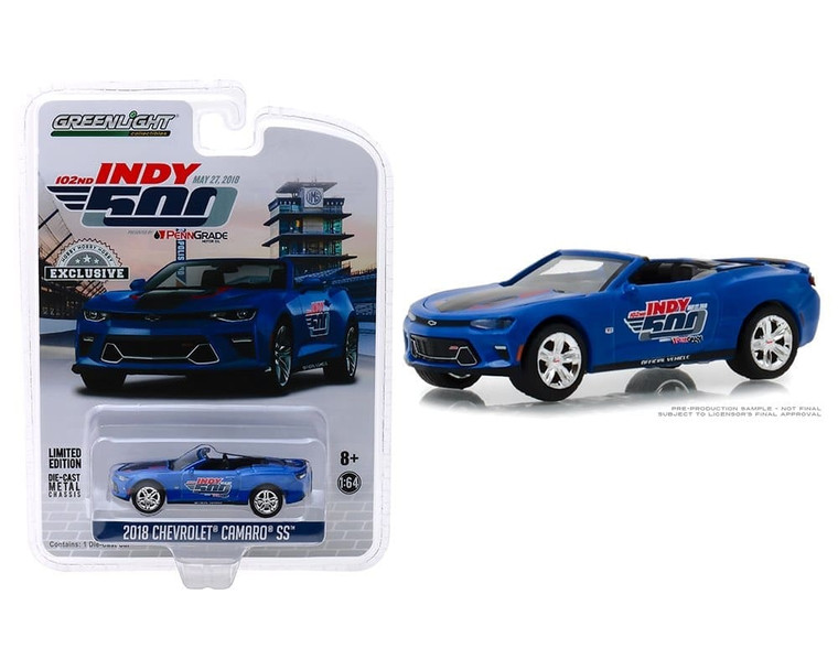 Greenlight 1:64 Hobby Exclusive 2018 Chevrolet Camaro Convertible 102nd Running Indy 500 Festival Car Blue- Diecast
