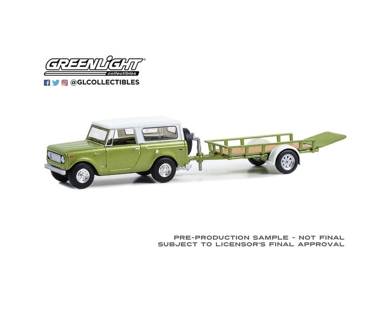 Greenlight 1:64 Hitch & Tow Series 30 1970 Harvester Scout With Utility Trailer Lime Green Metallic With Alpine White Hardtop Solid Pack- Diecast