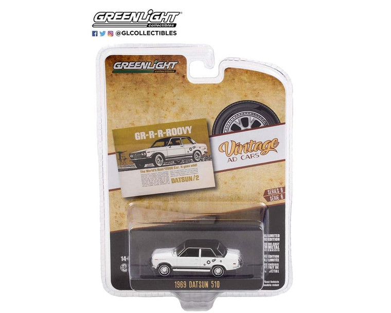 Greenlight 1:64 Vintage Ad Cars Series 6 1969 Datsun 510 (white With Black Top)- Diecast