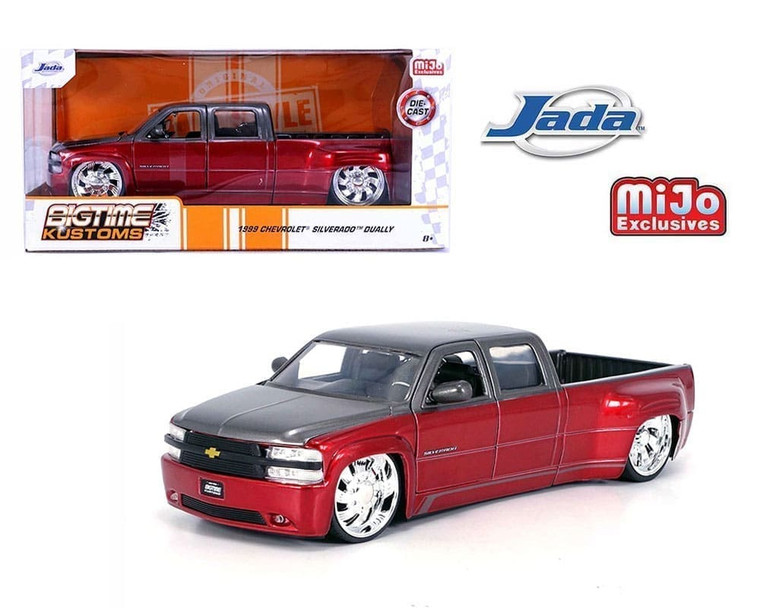 Jada 1:24 1999 Chevrolet Silverado Dually Custom Kmc Wheels Two Tone Red Metallic With Grey Bigtime Kustoms Mijo Exclusives- Diecast Jada 1:24 1999 Chevrolet Silverado Dually Custom Kmc Wheels Two Tone Red Metallic With Grey Bigtime Kustoms Mijo Exclusives- Diecast