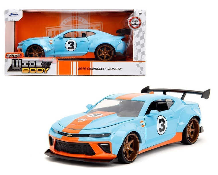 Jada 1:24 2016 Chevrolet Camaro Widebody Light Blue And Orange Gulf Bigtime Muscle- Diecast