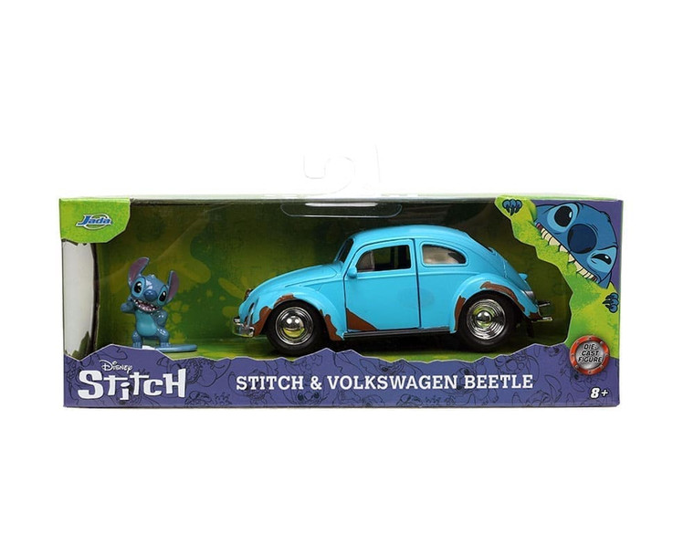 Jada 1:32 Volkswagen Beetle (blue With Dirt) And Stitch Figure Disney Stitch Hollywood Rides- Diecast