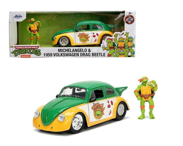 Jada 1:24 1959 Volkswagen Drag Beetle With Michelangelo Figure Teenage Mutant Ninja Turtles (tmnt) Hollywood Rides- Diecast