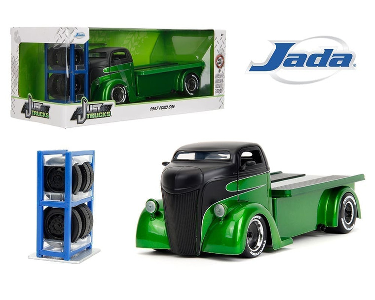 Jada 1:24 1947 Ford Coe Candy Green And Matte Black Just Trucks With Rack And Extra Wheels- Diecast