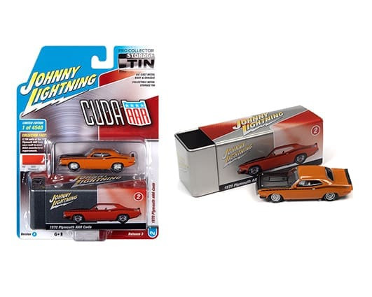 Johnny Lightning 1:64 Collector Tin 1970 Plymouth Aar Cuda Orange- Diecast