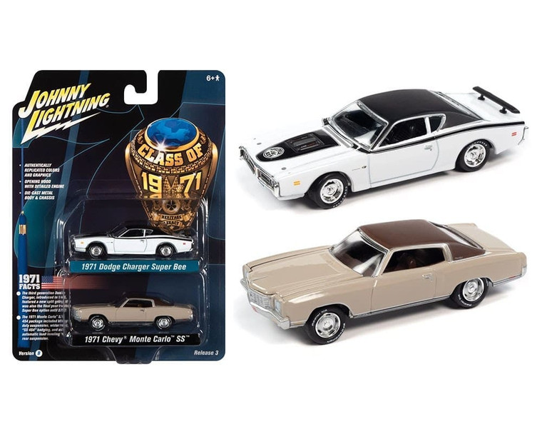 Johnny Lightning 1:64 1971 Dodge Charger Super Bee (white) And 1971 Chevrolet Monte Carlo Ss (beige) 2-packs 2021 Release 3 Version B Class Of 1971- Diecast