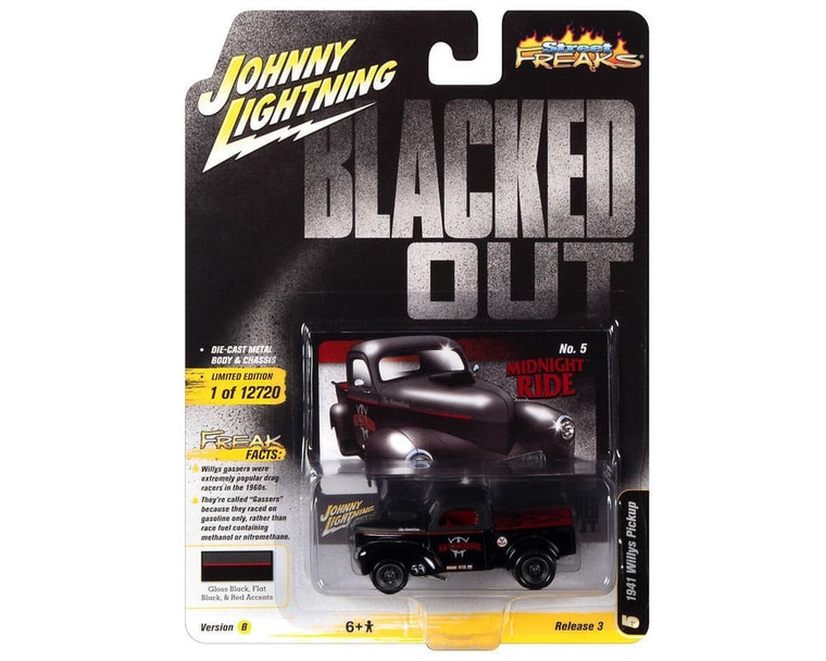 Johnny Lightning 1:64 Street Freaks 2021 Release 3 1941 Willys Gasser Pickup Midnight Ride Blacked Out Solid Pack- Diecast