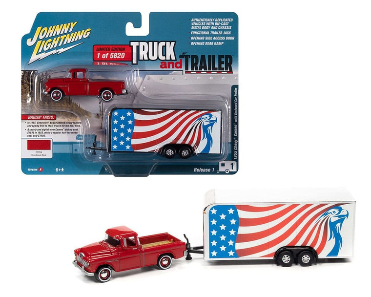 Johnny Lightning 1:64 Truck & Trailer 1955 Chevrolet Cameo With Enclosed Trailer- Diecast