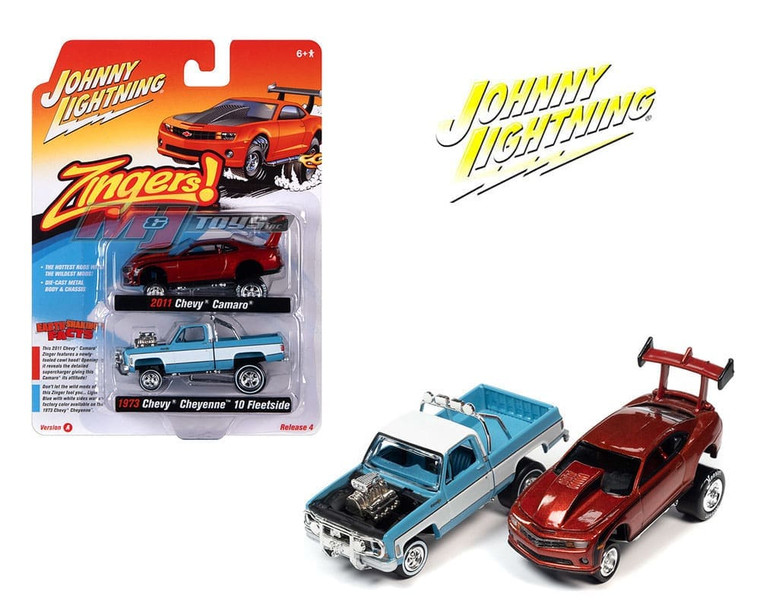 Johnny Lightning 1:64 Theme 2 Pack Zingers 2011 Chevy Camaro & 1973 Chevrolet Cheyenne 10 Fleetside A- Diecast