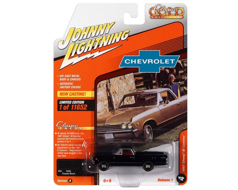 Johnny Lightning 1:64 1967 Chevrolet El Camino (tuxedo Black) Classic Gold 2022 Release 1 Version B Limited Edition- Diecast Johnny Lightning 1:64 1967 Chevrolet El Camino (tuxedo Black) Classic Gold 2022 Release 1 Version B Limited Edition- Diecast