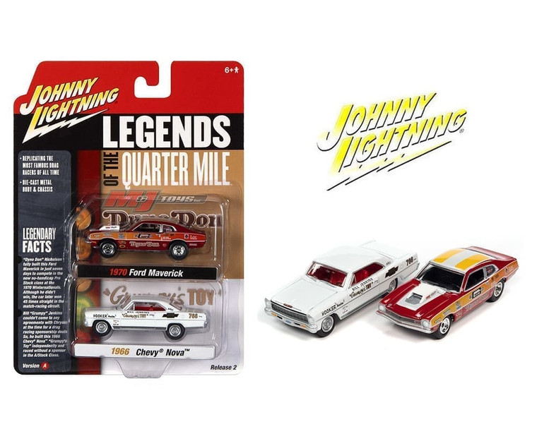 Johnny Lightning 1:64 2 Pack 1970 Ford Maverick & 1966 Chevrolet Nova Release A Legends Of The Quarter Mile- Diecast