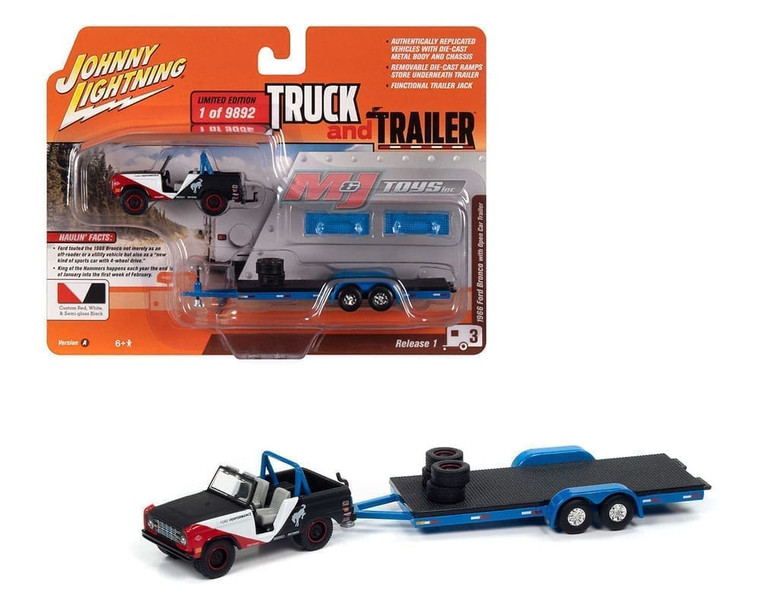 Johnny Lightning 1:64 1966 Ford Bronco With Open Car Trailer (custom Red, White, And Semi-gloss Black) Truck And Trailer Release 1 Version A- Diecast