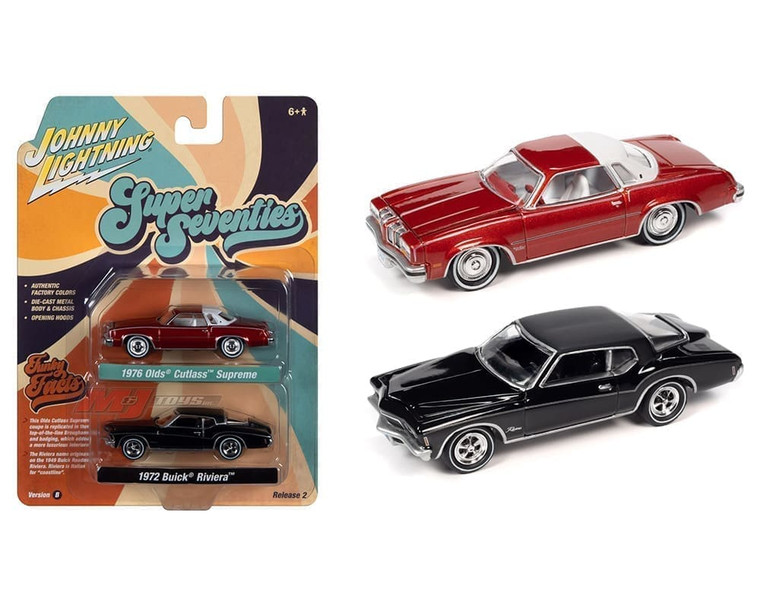 Johnny Lightning 1:64 Super Seventies 1976 Oldsmobile Cutlass Supreme (red Poly) & 1972 Buick Riviera (black) 2-packs 2023 Release 2 Version B- Diecast Johnny Lightning 1:64 Super Seventies 1976 Oldsmobile Cutlass Supreme (red Poly) & 1972 Buick Riviera (black) 2-packs 2023 Release 2 Version B- Diecast