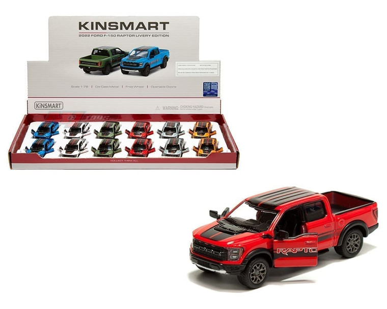 Kinsmart 1:78 2022 Ford F-150 Raptor Livery Edition 6 Colors Display Tray Set Of 12- Diecast
