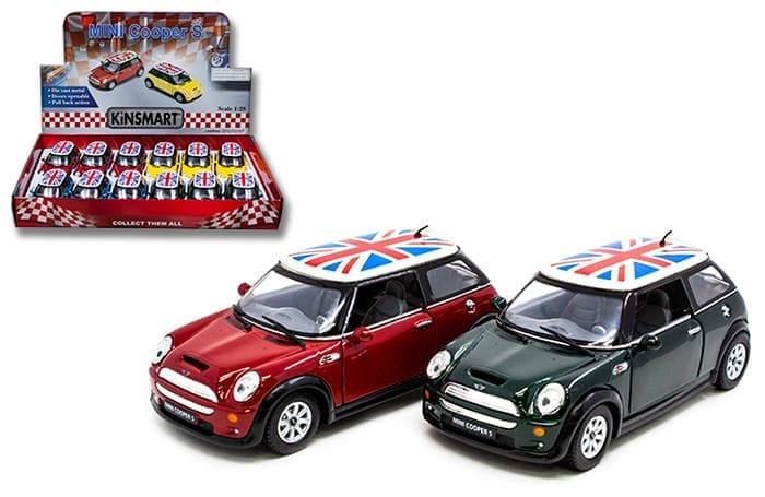 Kinsmart 1:28 Mini Cooper Sport Rally With British Flag 4.9 Display Tray Set Of 12- Diecast