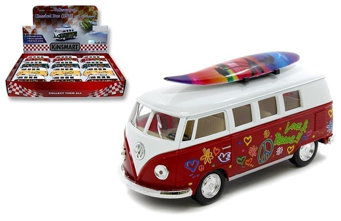 Kinsmart 1:32 1962 Volkswagen Bus With Surfboard Hawaii Design Display Tray Set Of 12- Diecast