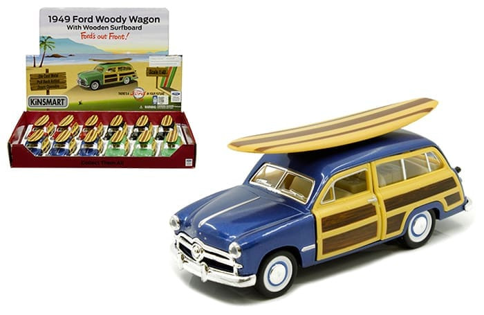 Kinsmart 1:40 1949 Ford Woody Wagon With Surfboard 4.5 Display Tray Set Of 12- Diecast