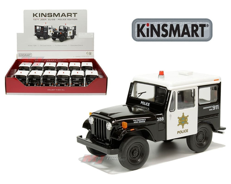 Kinsmart 1:26 1971 Jeep Dj-5b Police Edition Black/white Display Tray Set Of 12- Diecast