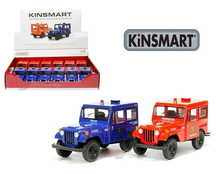 Kinsmart 1:26 1971 Jeep Dj-5b Police/firefighter Edition Red, Blue Display Tray Set Of 12- Diecast