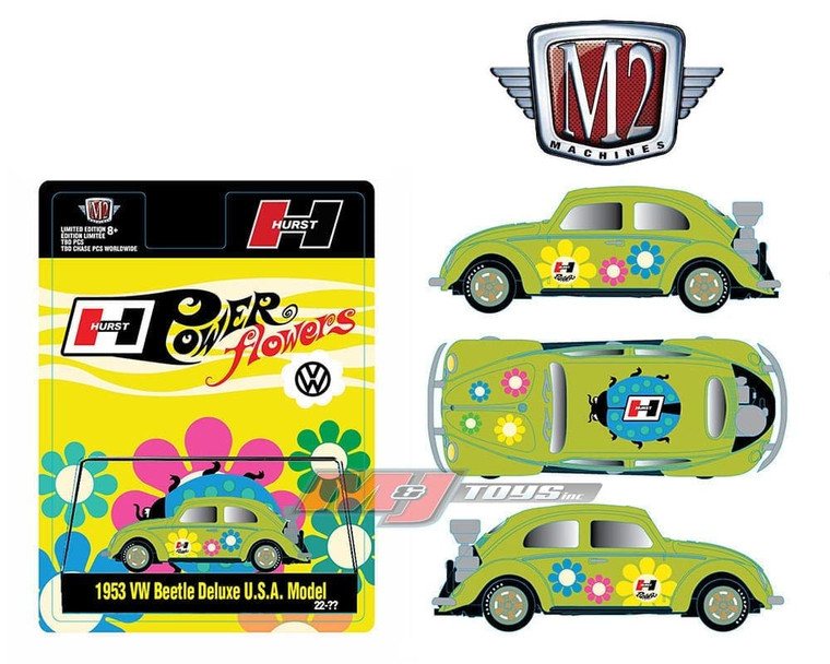M2 Machines 1:64 Hurst Power Flowers 1953 Volkswagen Beetle Deluxe U.s.a. Model (green) Hobby Exclusive- Diecast
