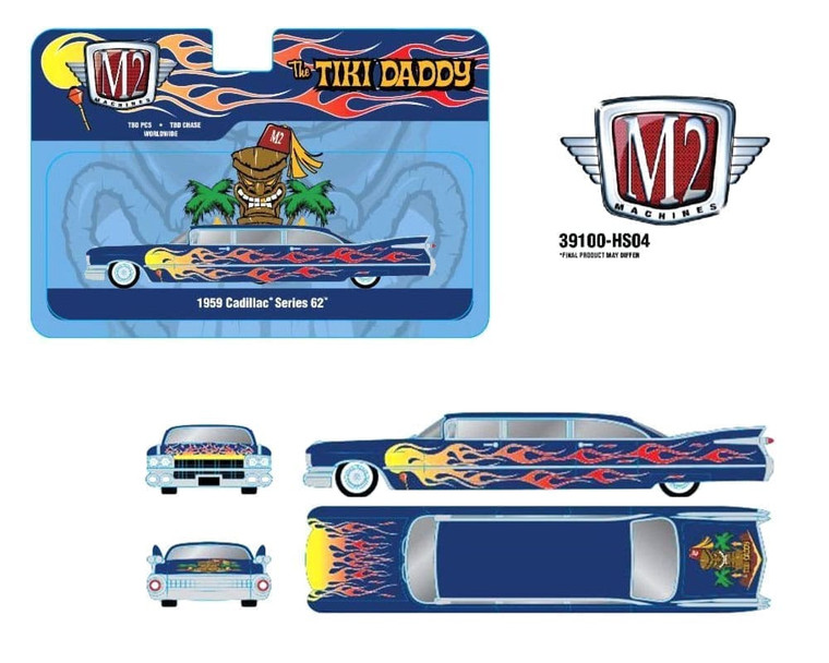 M2 Machines 1:64 Auto-stretch 1959 Cadillac 62 Stretch Custom Tiki Daddy Blue Flames Hobby Exclusive- Diecast