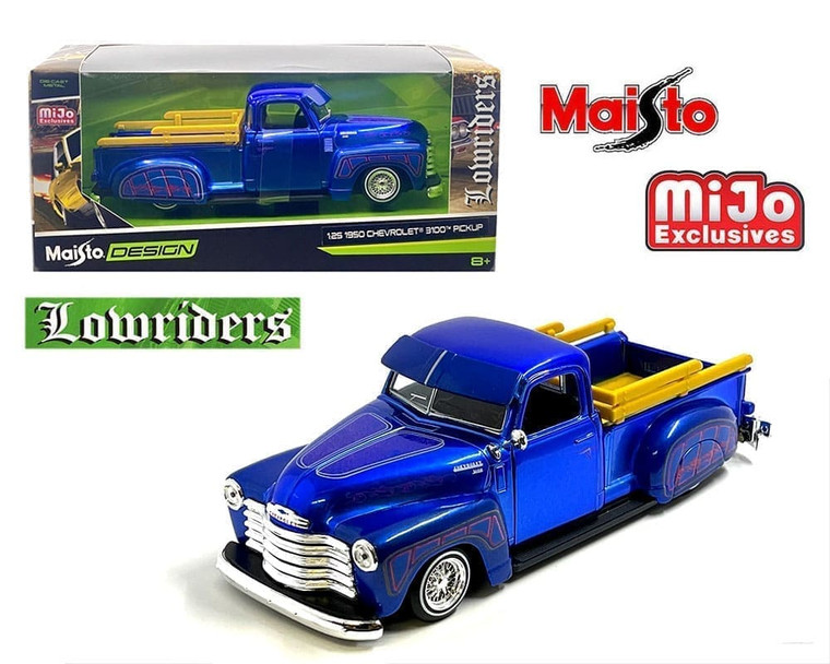 Maisto 1:24 1950 Chevrolet 3100 Pickup Truck Lowrider Candy Blue- Design Lowriders- Mijo Exclusives- Diecast Maisto 1:24 1950 Chevrolet 3100 Pickup Truck Lowrider Candy Blue- Design Lowriders- Mijo Exclusives- Diecast