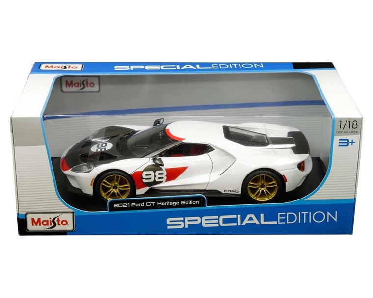 Maisto 1:18 2021 Ford Gt Heritage Edition #98 White With Carbon Fiber Special Edition- Diecast