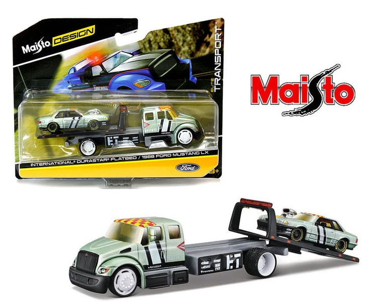 Maisto Design 1:64 International Durastar Flatbed And 1988 Ford Mustang Lx (light Green Metallic) Elite Transport- Diecast