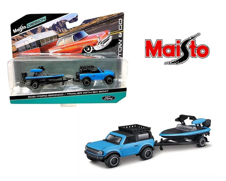 Maisto 1:64 2021 Ford Bronco W/ Trailer & Ski Boat Tow & Go- Diecast