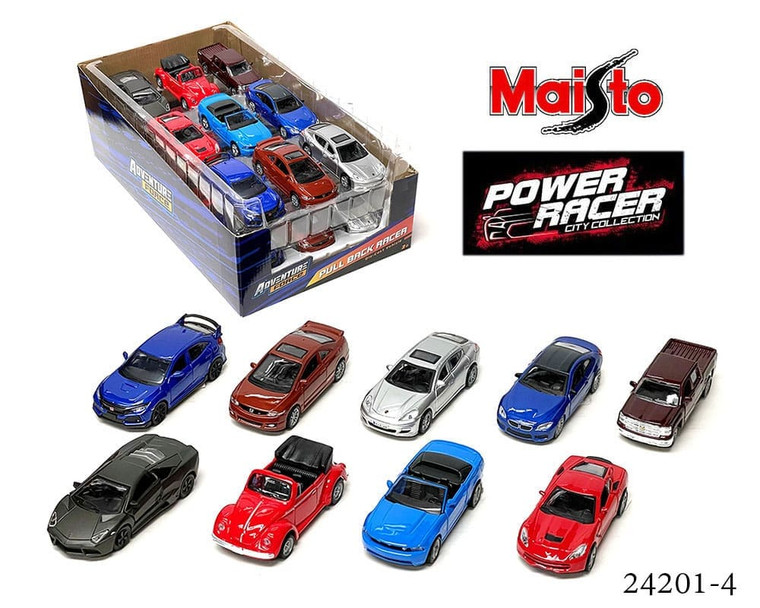 Maisto 4.75 Power Racer Pullback Action Assortment 4- Diecast