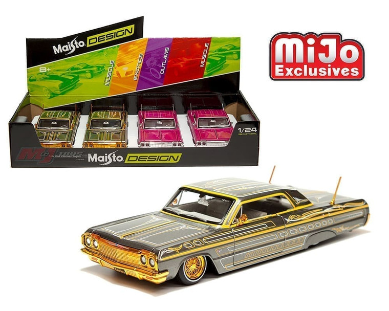 Maisto 1:26 1964 Chevrolet Impala Lowrider Grey, Pink Maisto Design Lowriders Mijo Exclusives Display Tray Set Of 4- Diecast